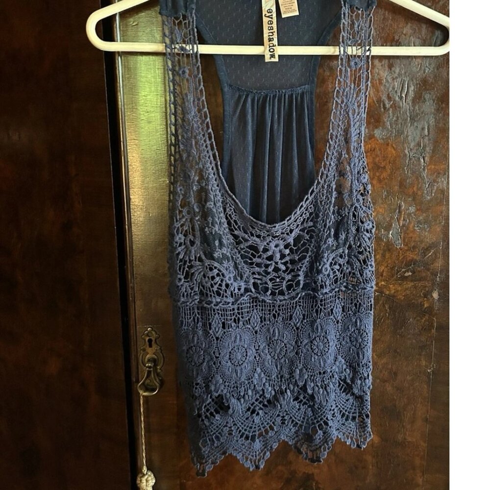 EYESHADOW LADIES CROCHETED BLUE VINTAGE TANK TOP BOHO FESTIVAL GEAR HIPPIE VIBE